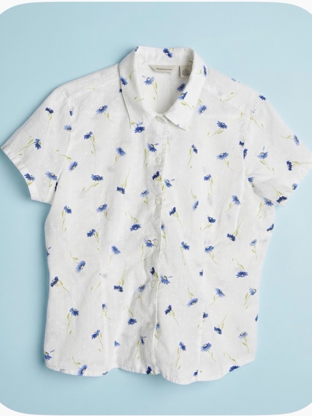 LIZ CLAIBORNE Floral Button-Up Shirt, Women’s Petite Size L, White Blue